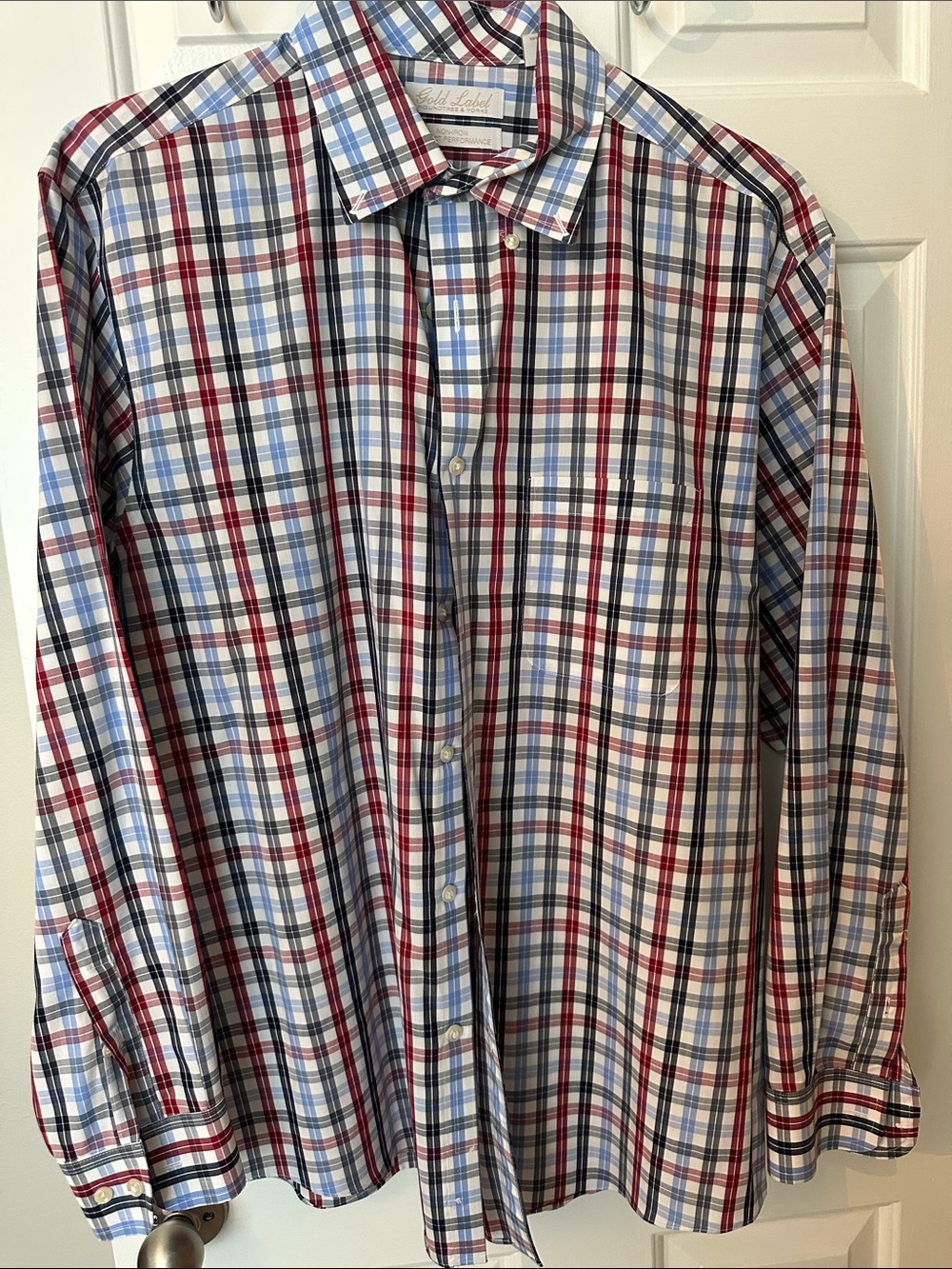 Roundtree & Yorke Red, Blue & White Plaid Button-Down Shirt | L